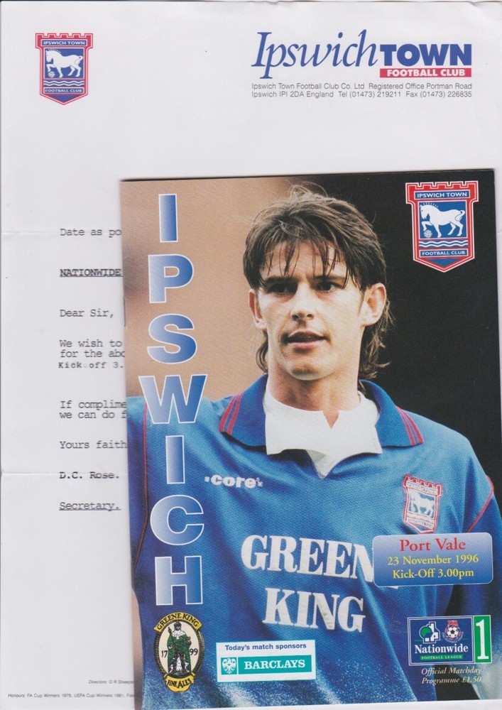Ipswich Programmes, Official hand Teamsheets with Referee Appointment Letter