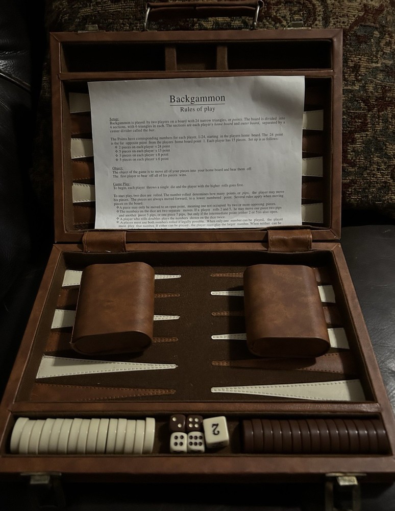 Vintage Smaller Backgammon Set 8” x 11” complete.