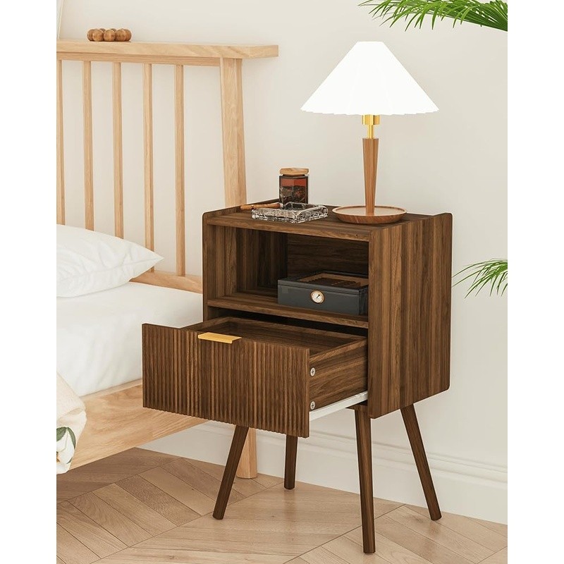 Modern Nightstand Small Side Table W/ Storage Drawer & Open Shelf Elegant Design