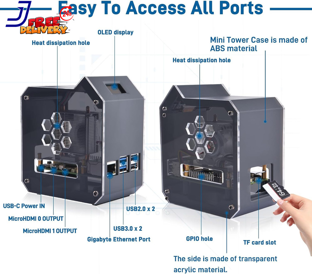 Mini Tower Kit for Raspberry Pi 5, Case with ICE Tower Cooler 0.96'' OLED Module