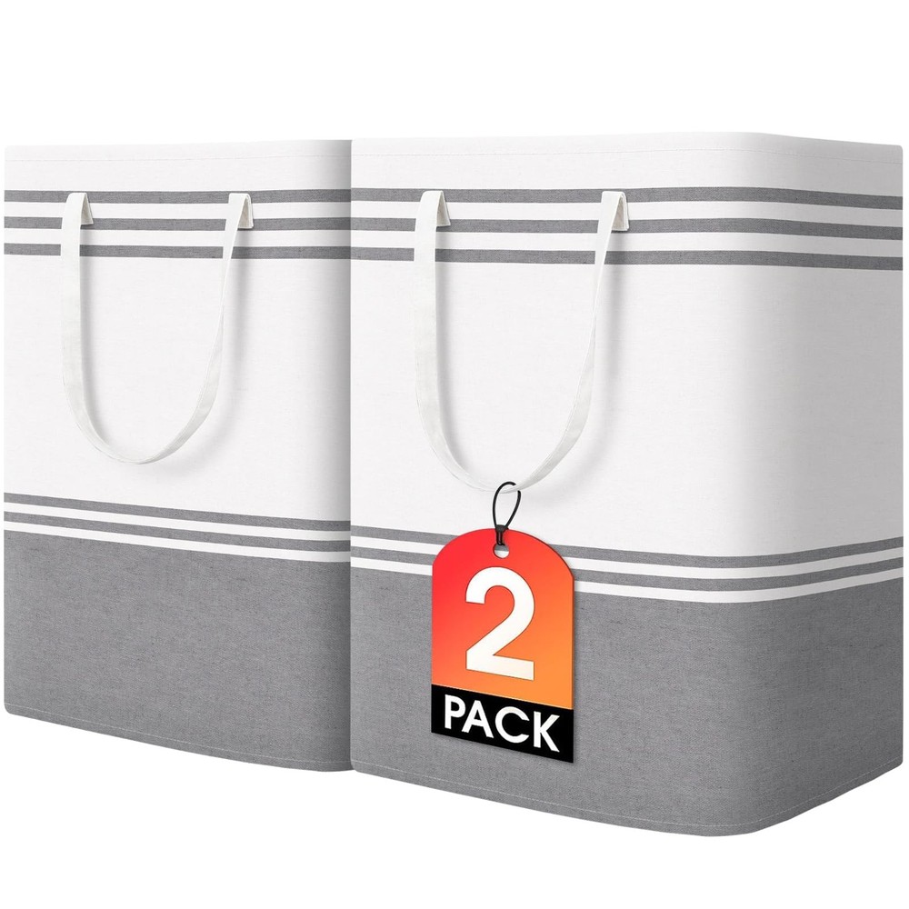 2 Pack Large Home Laundry Basket Hamper Freestanding Waterproof Light Grey