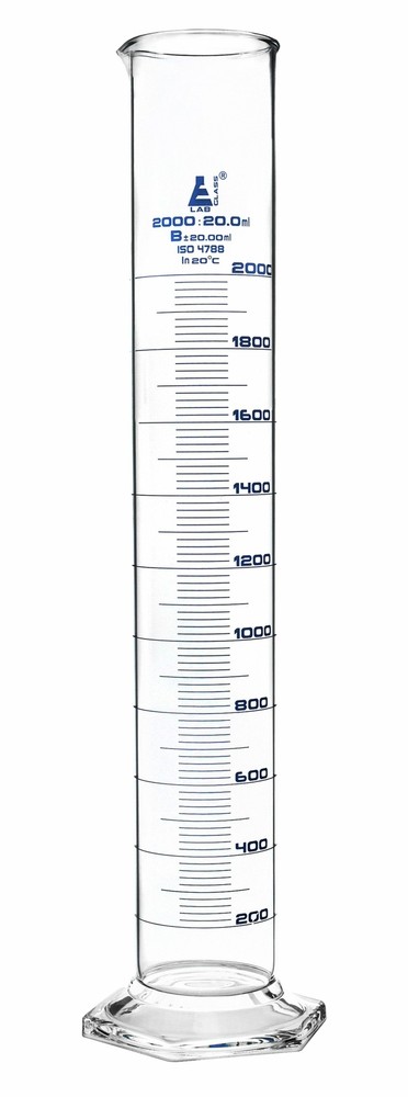 Eisco Labs 2000ml Graduated Cylinder, Class B - Blue Graduations, Hexagonal Base