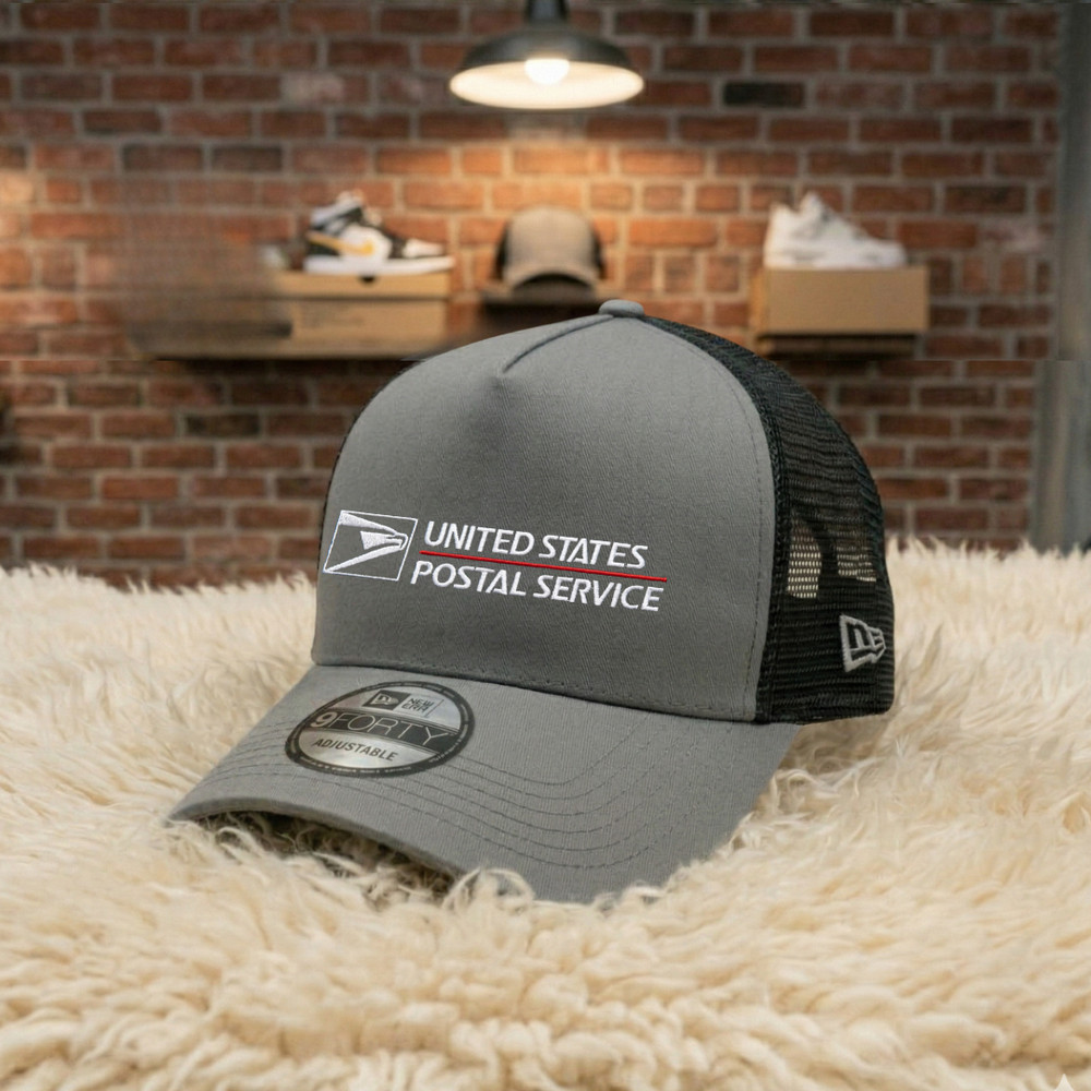 Embroidered USPS Logo Trucker Hat Gray Mesh Back Adjustable Postal Service Cap