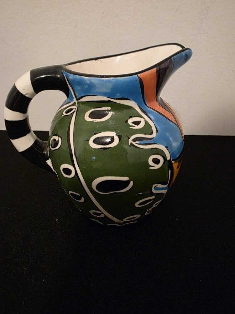 Pefi Handmade Multicolor Ceramic Painted Pitcher Abstract Mexican Art Style