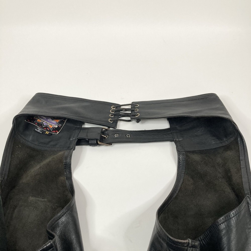 Joe Rocket Mens Black Leather Chaps Medium Open Back Pant GREAT CONDITION CLEAN