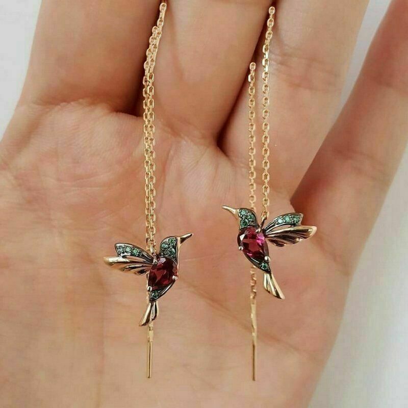 Silver Plated Drop Tassel Hummingbird Earrings Stud Threader Dangle Lab-Created