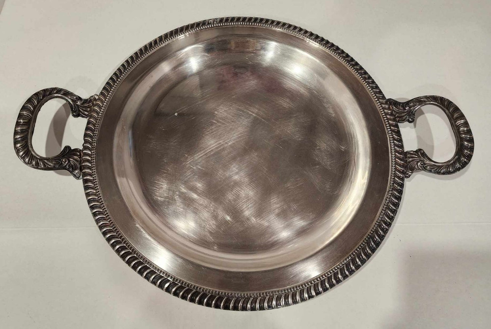 Vintage Serving Tray with Handles- silver plate, circular
