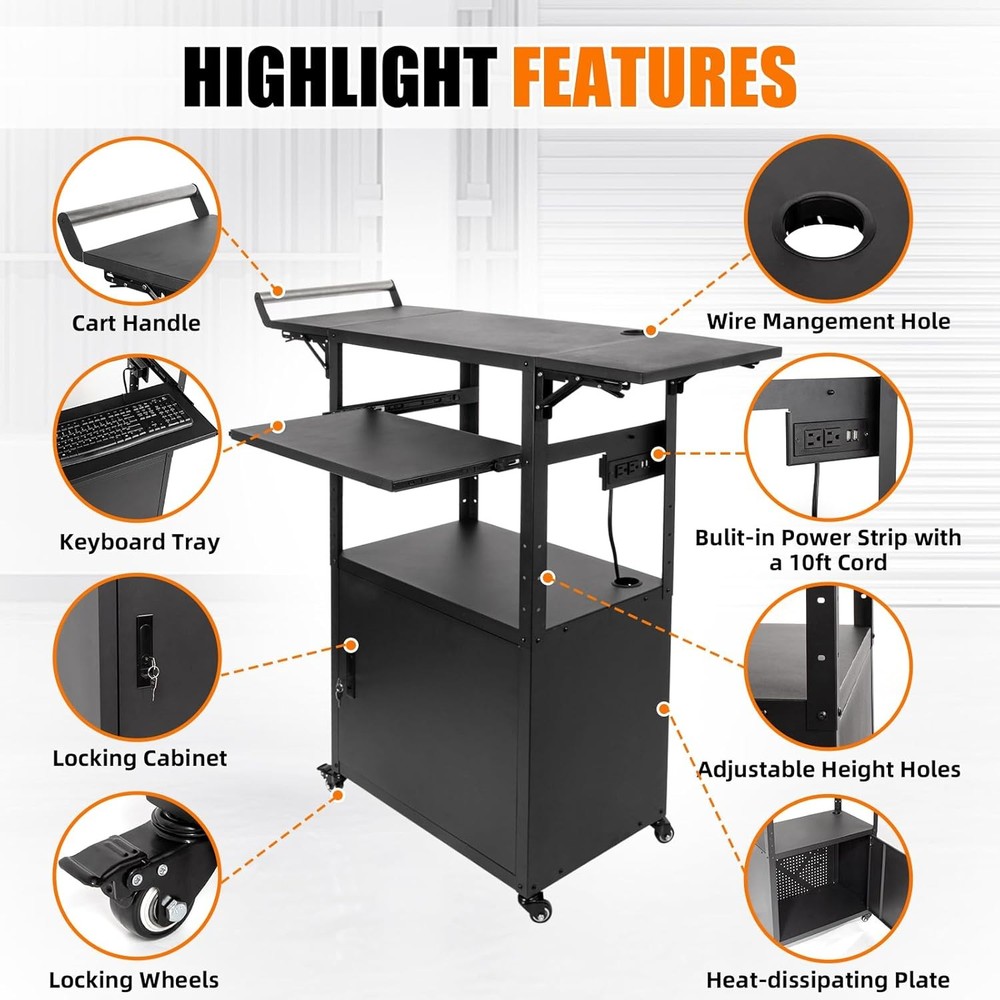 Mobile AV Cart with Locking Cabinet Pullout Keyboard Tray