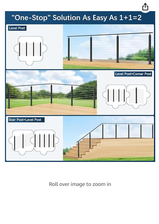 Cable Railing System - 4Pack Adjustable Line Post Kit with 160ft Cable, 10 Te...