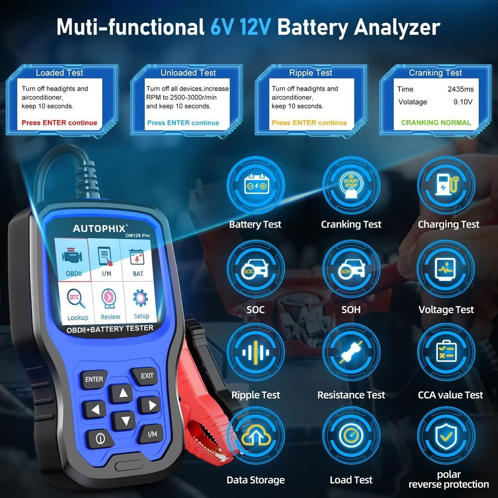 Autophix OM129 PRO OBD2 Scanner Code Reader 6V 12V Automotive Battery Load Test