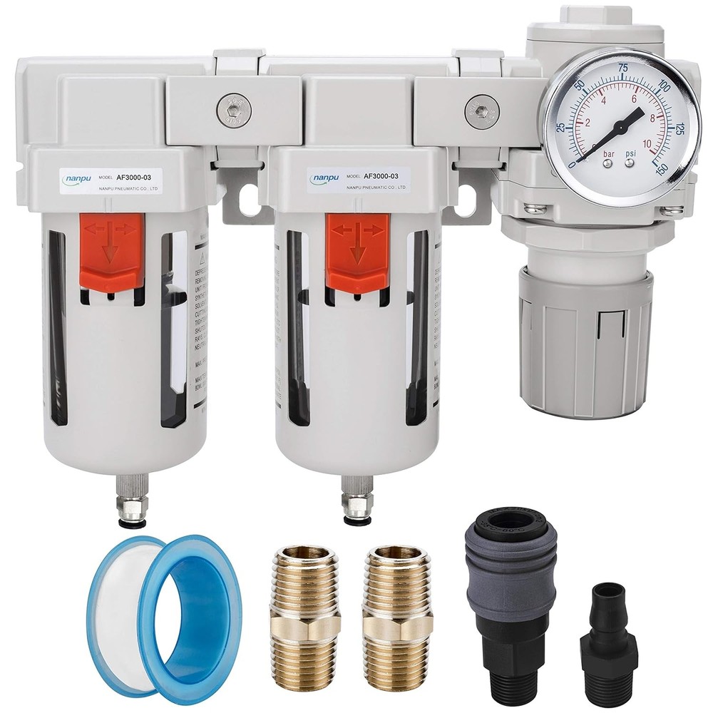 3/8" NPT Air Filter Regulator Combo Double Filter System Semi-Auto Drain