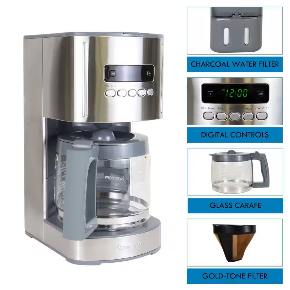 Programmable 12 Cup Silver/Stainless Steel Drip Coffee Maker with Aroma Control