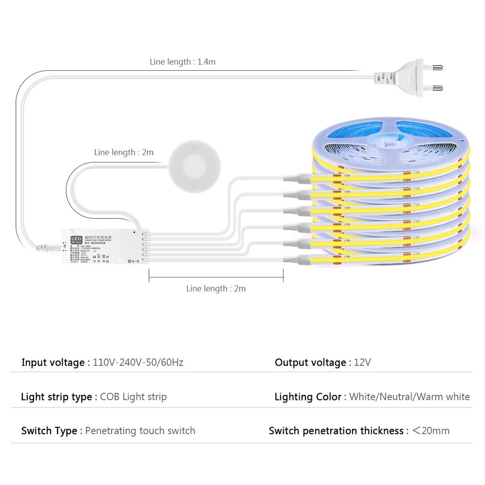 Dimmable COB LED Acoustic Light Strip with Touch Control & Custom Length