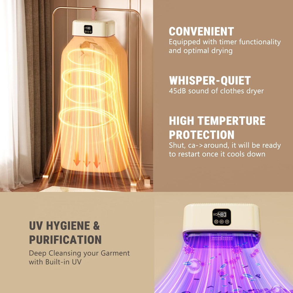 Portable Clothes Dryer, 8H Timer, w/Remote Control & Dry Bag, Mini Compact Fo...