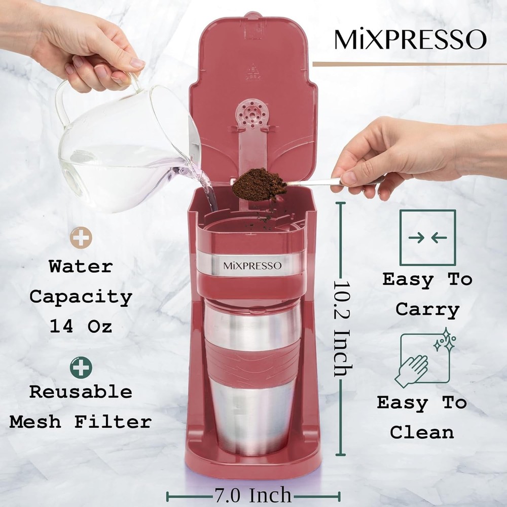 Quick Brew 14oz Coffee Maker with User-Friendly Features & Travel Mug Included