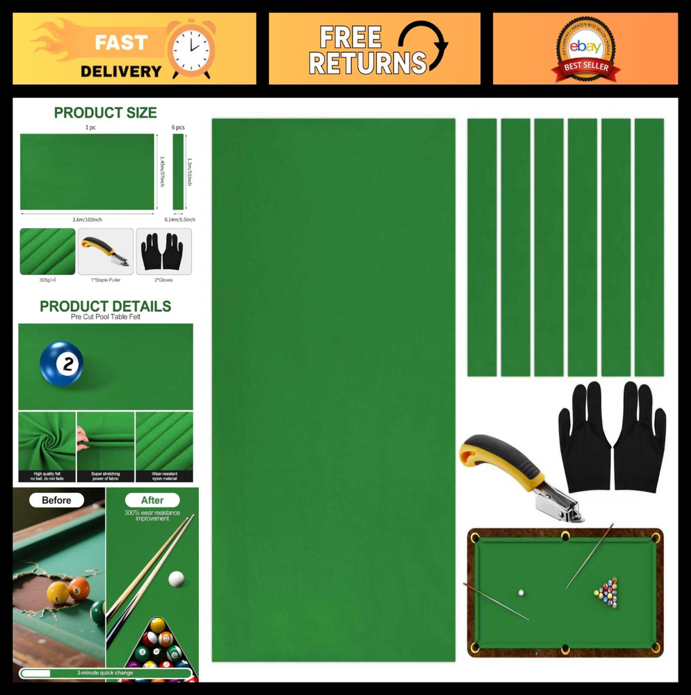 8ft Pool Table Felt Replacement Kit - Pre-Cut Billiard Cloth, Gloves & Tools