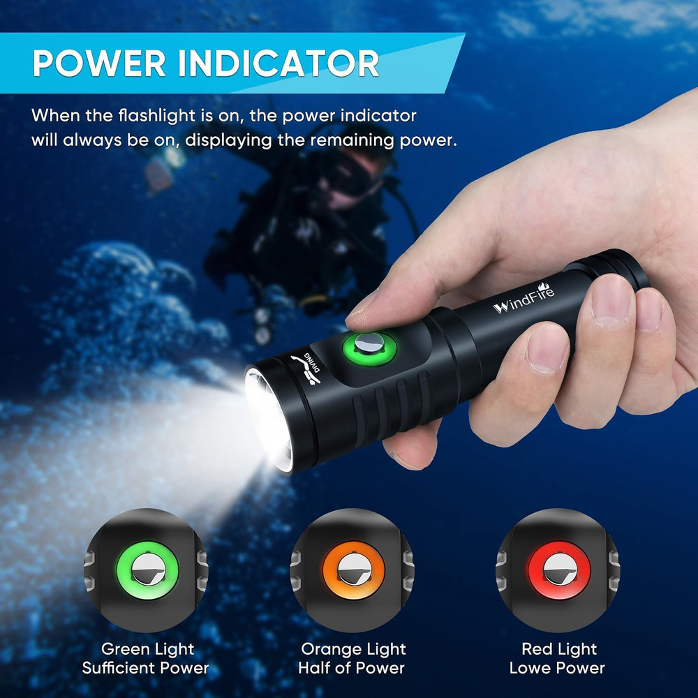 WINDFIRE Dive Light Scuba Diving Flashlight Dive Torch Rechargeable, 3 Modes Und