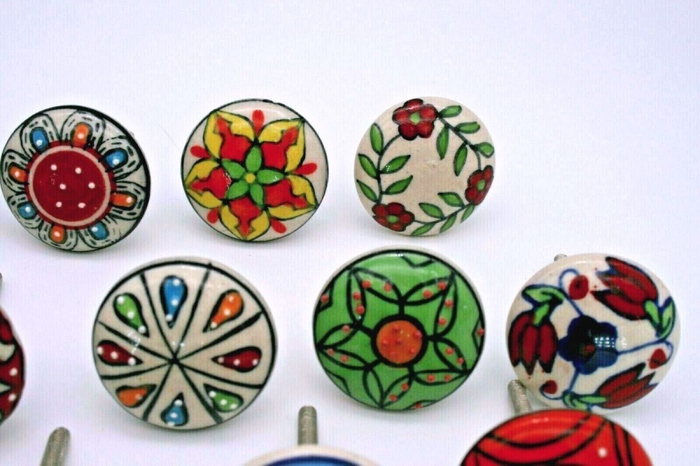 Indian 20 Pc Cabinet Hand Painted Colorful Ceramic Door Knobs Pull Handles