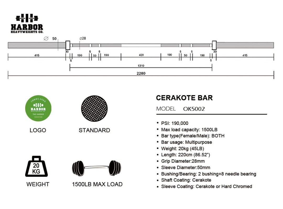 Red Cerakote Or Green 20kg 7ft Long 1500lb Olympic Barbell w/ Black Sleeves