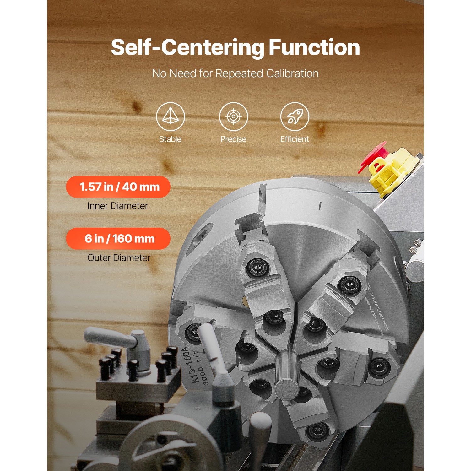 6 Inch 6-Jaw Self-Centering Lathe Chuck with D1-4 Cam Lock Backing Plate