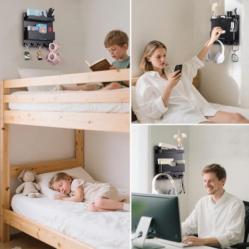 Bedside Wall Shelf with Glasses Hooks ，Adhesive Bedside Organizer Wall Black