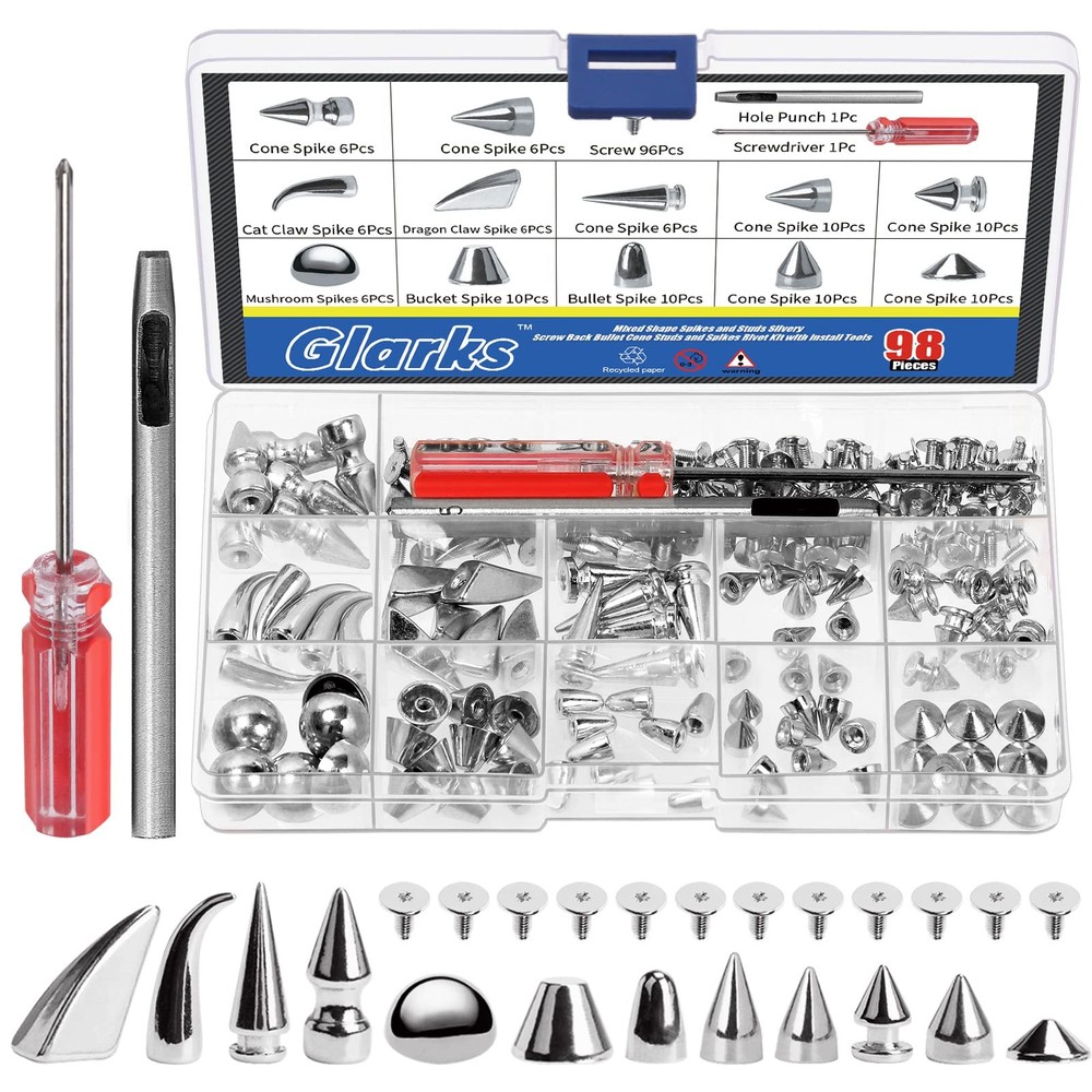Glarks 98Pcs Silver Mixed Shape Spikes Studs Rivets Kit with Install Tools, Scre