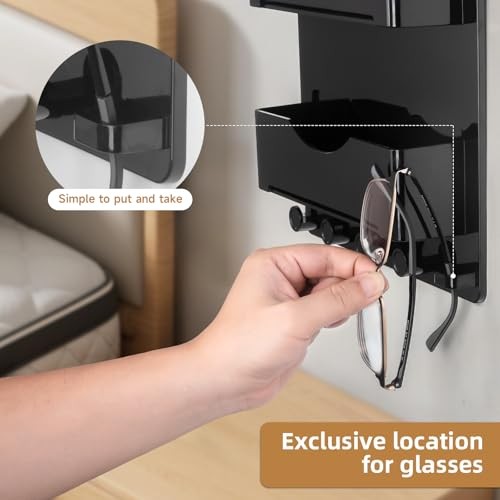 Bedside Wall Shelf with Glasses Hooks ，Adhesive Bedside Organizer Wall Black