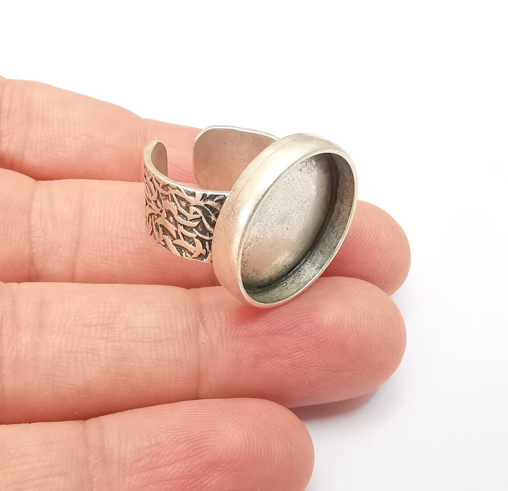 Round Antique Silver Ring Blank Setting, Cabochon Mounting Adjustable Resin Ring