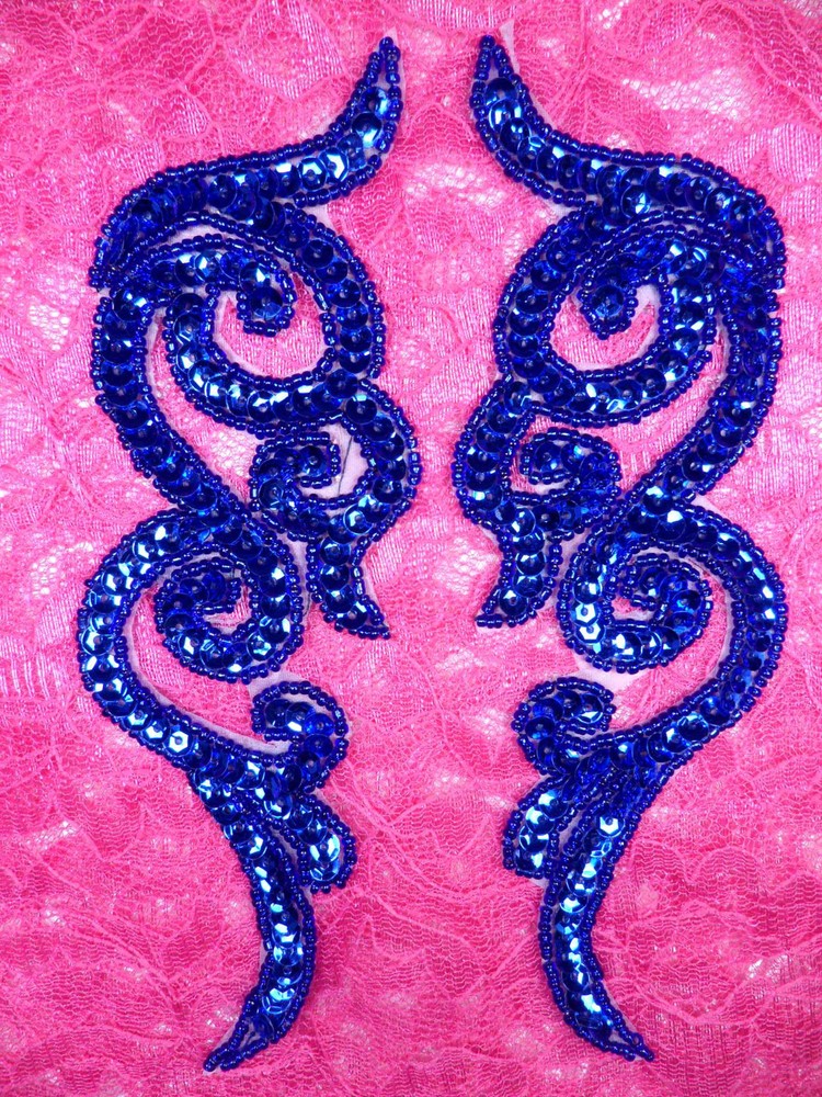 JB233 MIRROR PAIR Blue Scroll Designer Sequin Appliques 7"