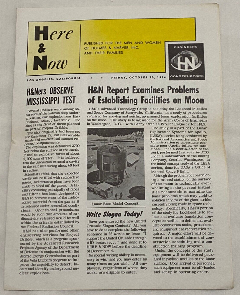 1964 Holmes & Narver Engineering Newsletter on Moon Base Atomic Nuclear Testing