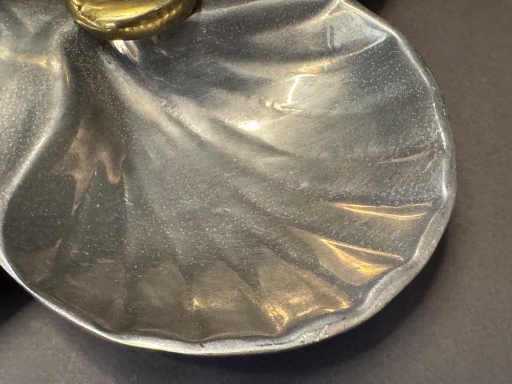 SILVER TONE SCALLOPED SHELL BRASS LOBSTER HANDLE DIVIDED CANDY NUT DISH TRAY