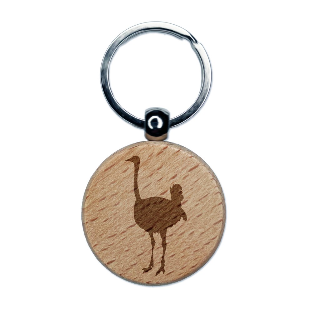 Ostrich Bird Solid Engraved Wood Round Keychain Tag Charm