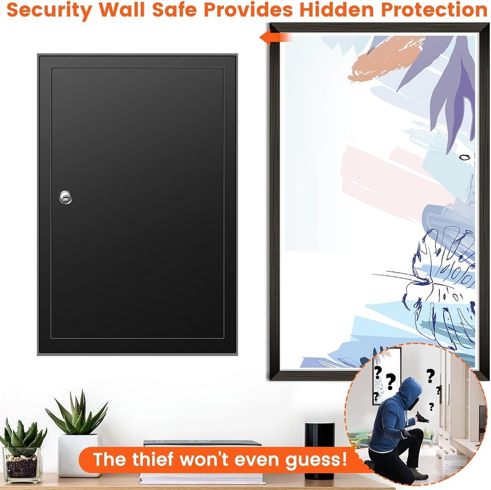 22" In Wall Safe Between Studs Lockable w/ Shelf & Key Hooks Home Security Box