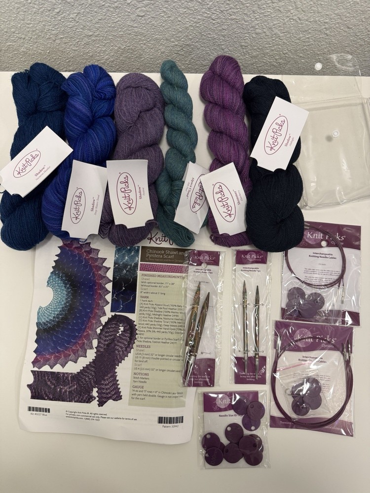 Knit Picks Yarn Lot + Interchangeable Needles US 8 Tips Cables Shawl Kit Bundle