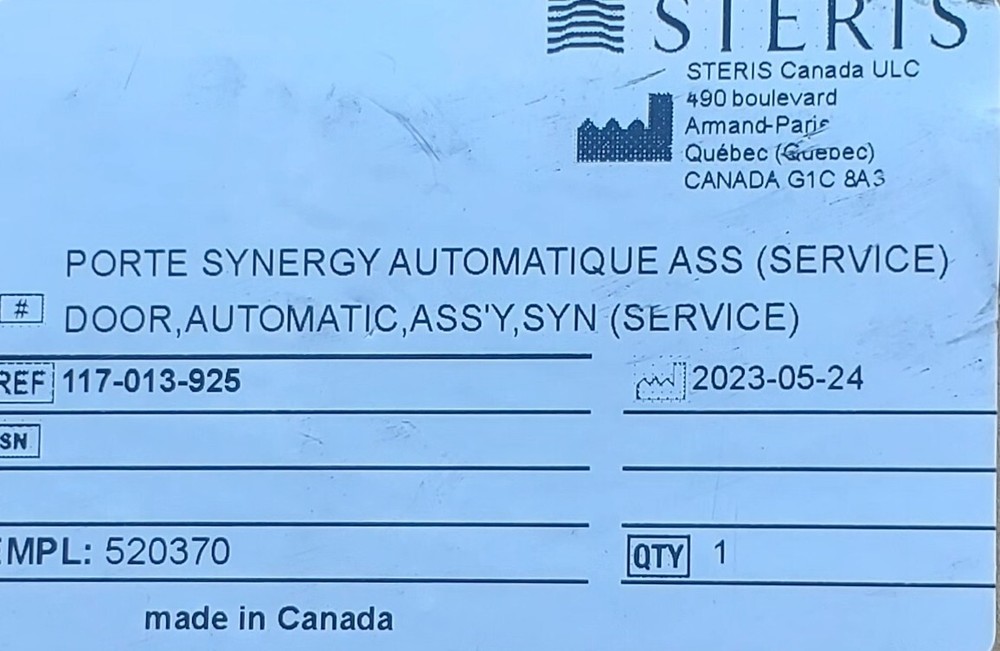 STERIS Sterilizer, Door, Automatic, Assy, Syn, Service. Ref# 117-013-925