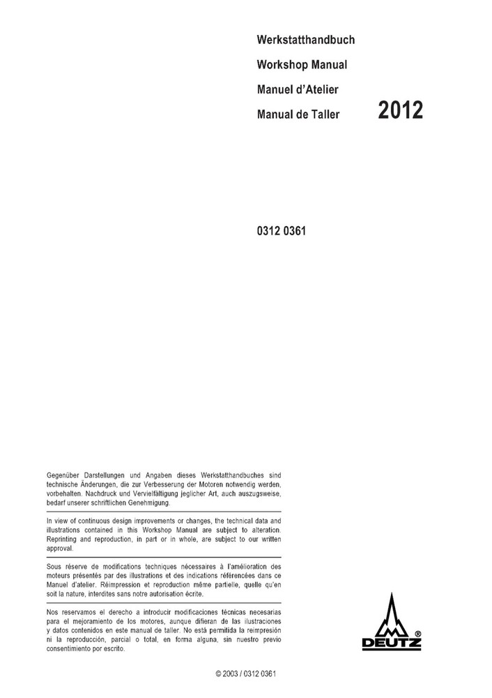 Deutz Engine BFM 2012 - Workshop Manual - Repair Manual on Paper