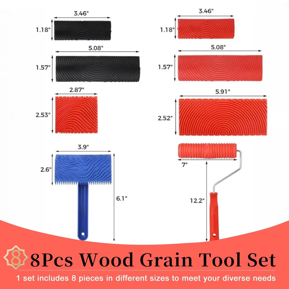 Wood Graining Tool Set 8Pcs, Rubber Grain Rollers with Handles, Brown