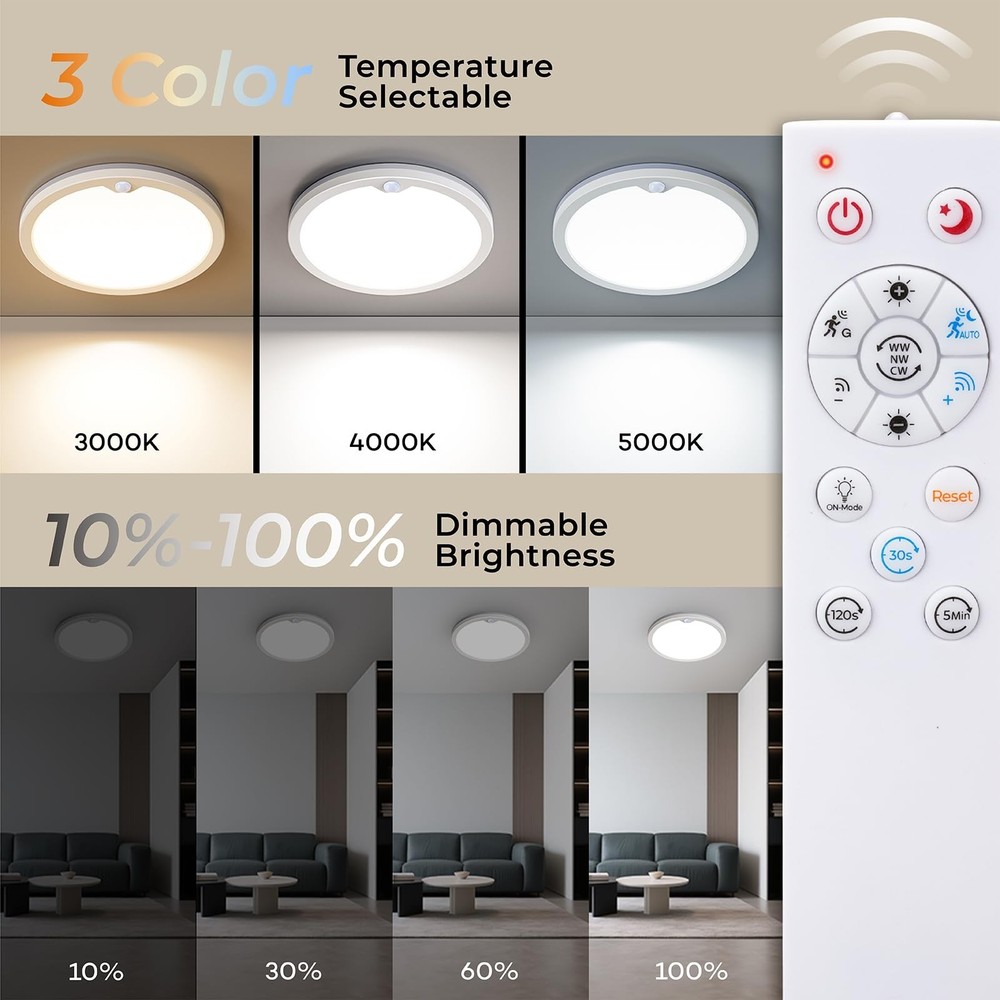 2Pack Motion Sensor Ceiling Light with Remote, Night Light 2000K, 8.7 Inch Wi...