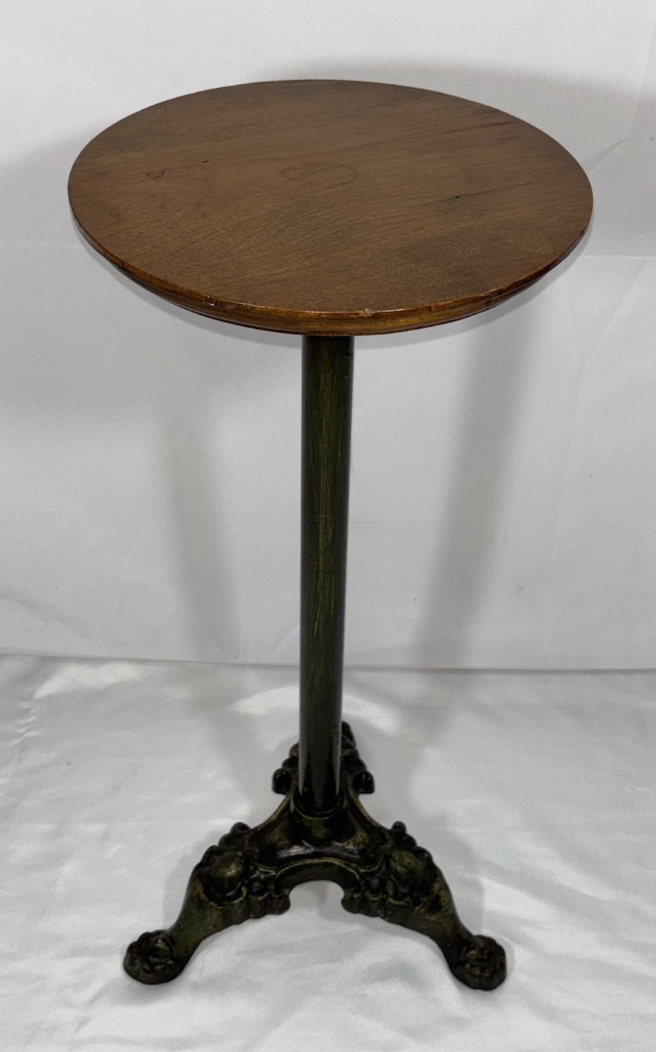 Antique Vintage Painted Green Cast Iron & Walnut? Wood Top Pedestal Plant Stand
