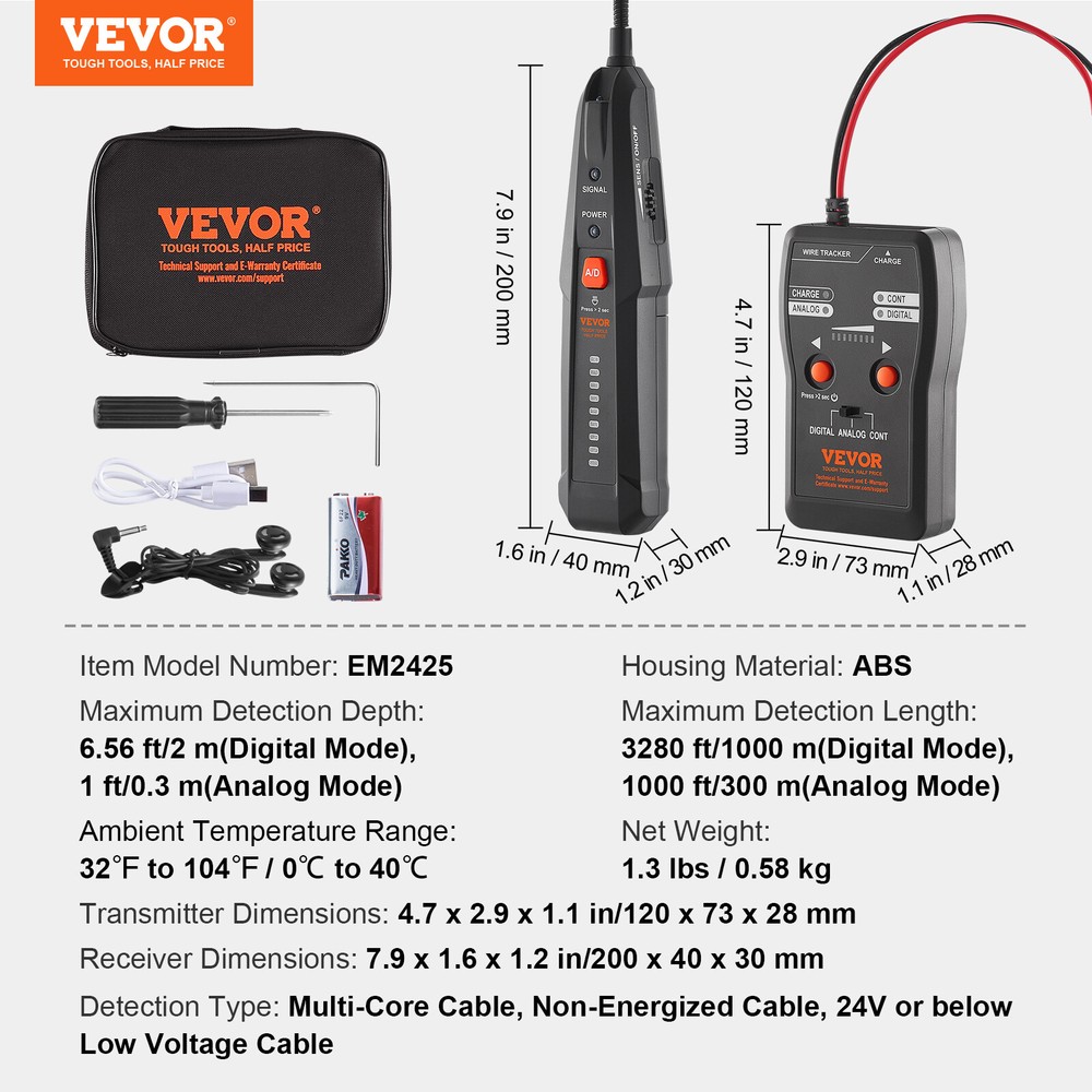 VEVOR Underground Cable Locator 6.5 FT Max. Detection Depth Wire Break Detector