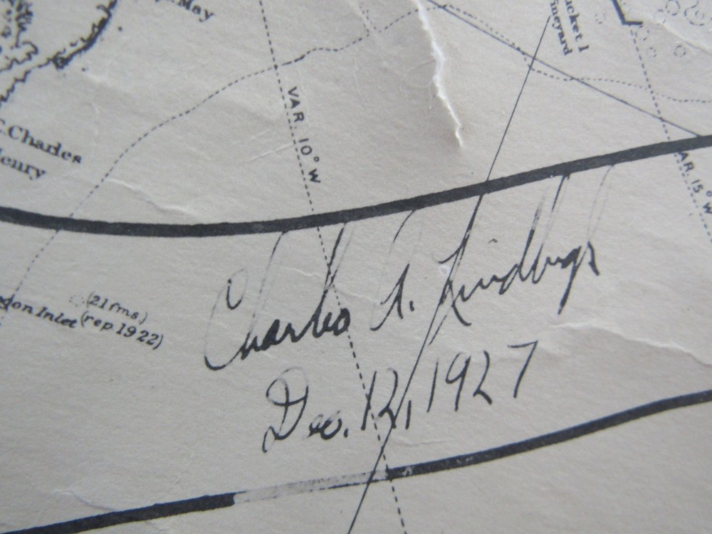 1927 Scriptorium Charles Lindbergh North Atlantic Flight Map Notes & Signature