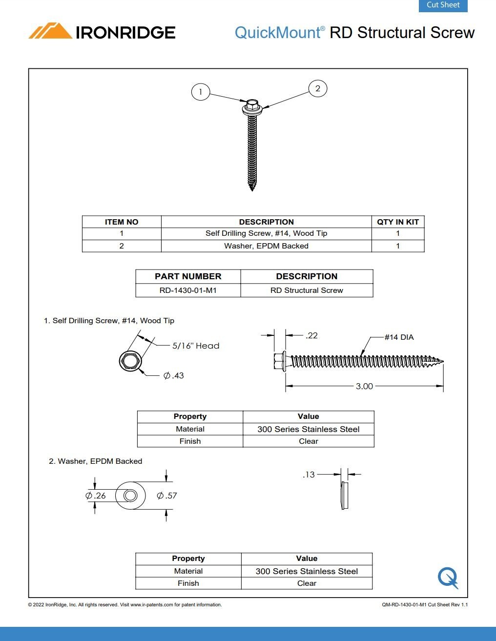 IronRidge RD-1430-01-M1 QuickMount RD Structural Screw