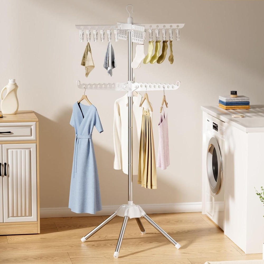 2-Tier Foldable Clothes Drying Rack - Rotatable 360° Space-Saving Solution