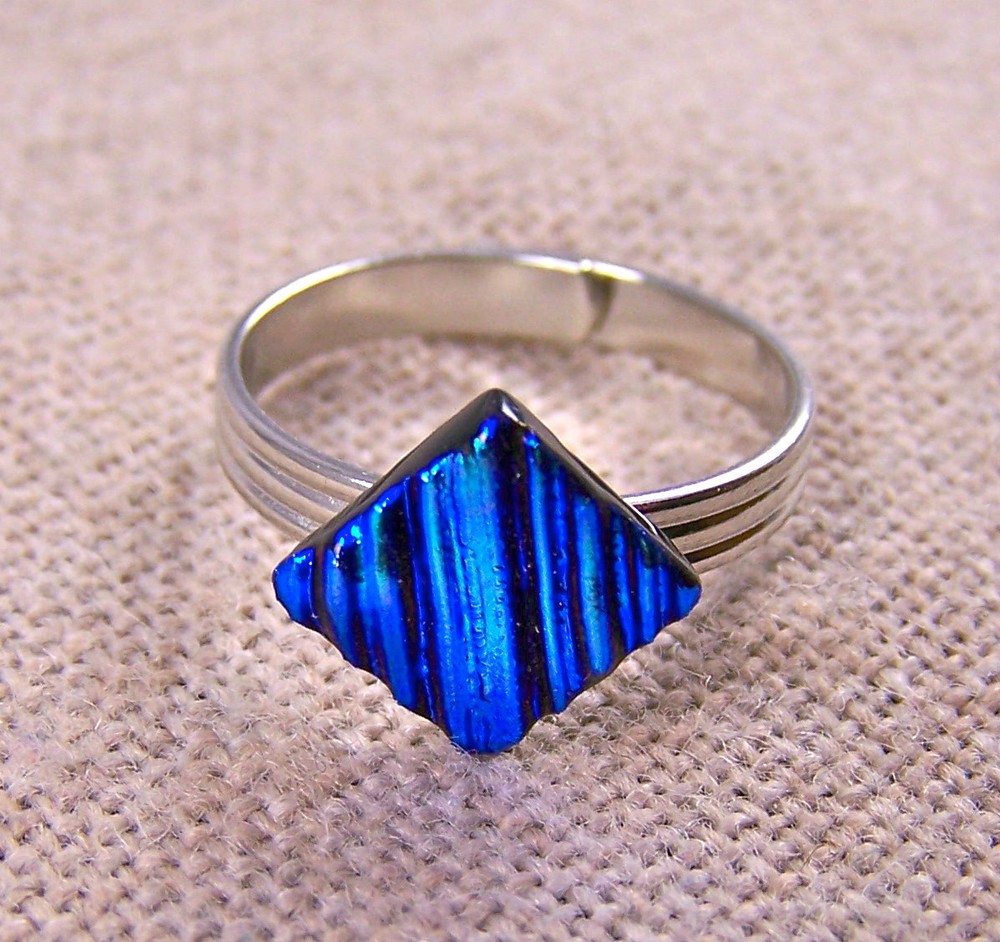 Dichroic Glass Ring Adjustable Tiny 1/4" 7mm Medium Blue Teal Ripple Texture