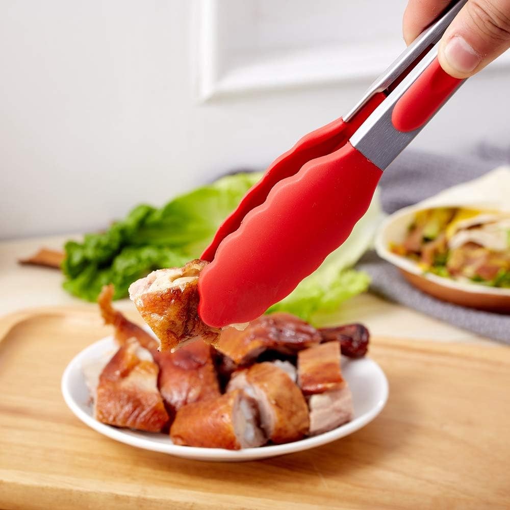 Kitchen Tongs Set of 2 – 9 inch & 12 – Stainless Steel Food Red