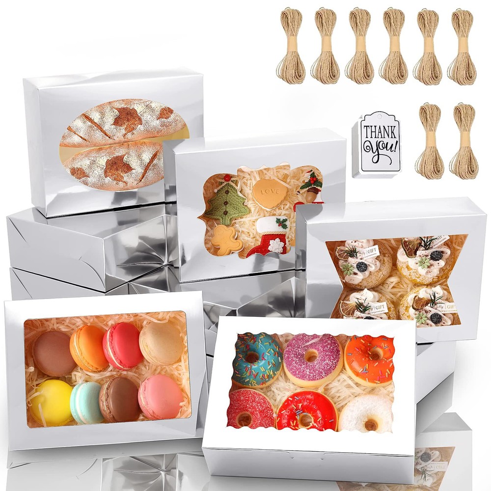 65 PCS 8x6x2.5 Inch Cookie Boxes with Window Silver Bakery Boxes Pastry Boxes...