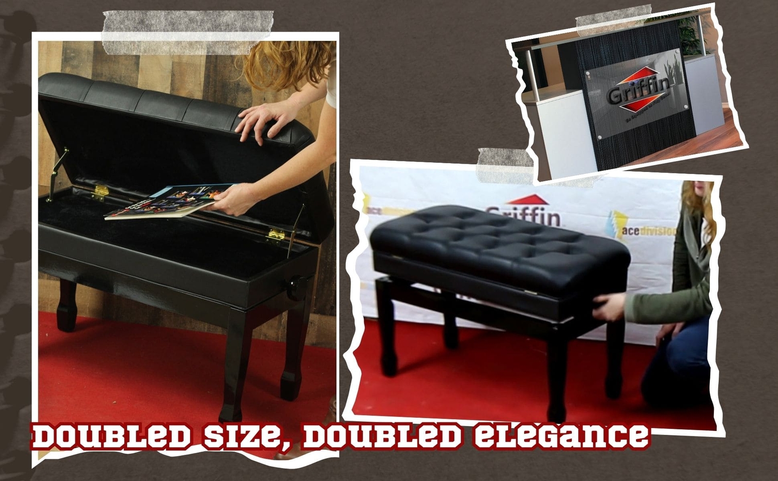 GRIFFIN Genuine Leather Duet Piano Bench Seat | Black Wood Keyboard Guitar Stool