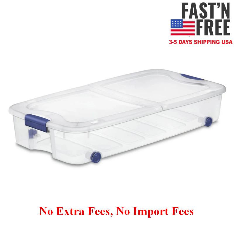 (2 pack) Sterilite Large Storage Bin 66Qt Clear Underbed Storage Container, Blue