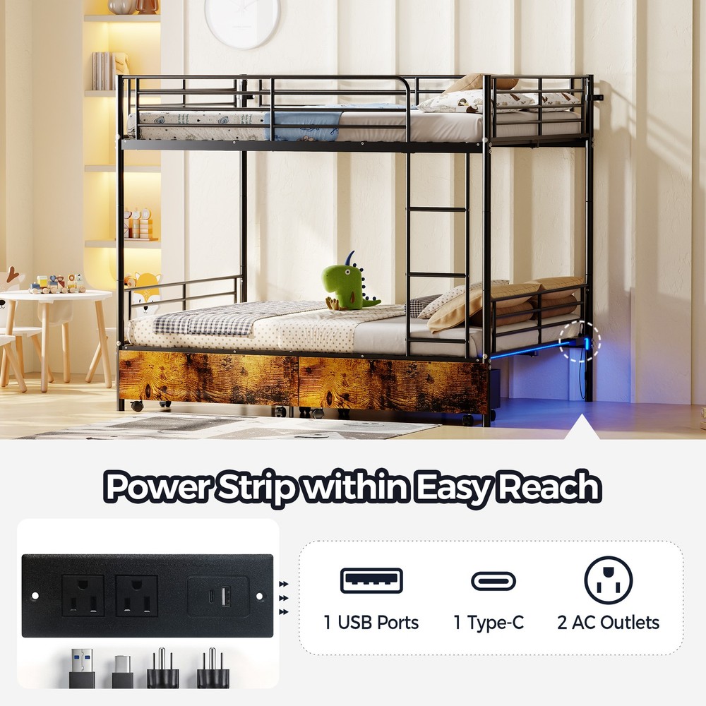 Bunk Bed with USB Charging Station, Able to Split, Metal Bunk Bed, Storage Space