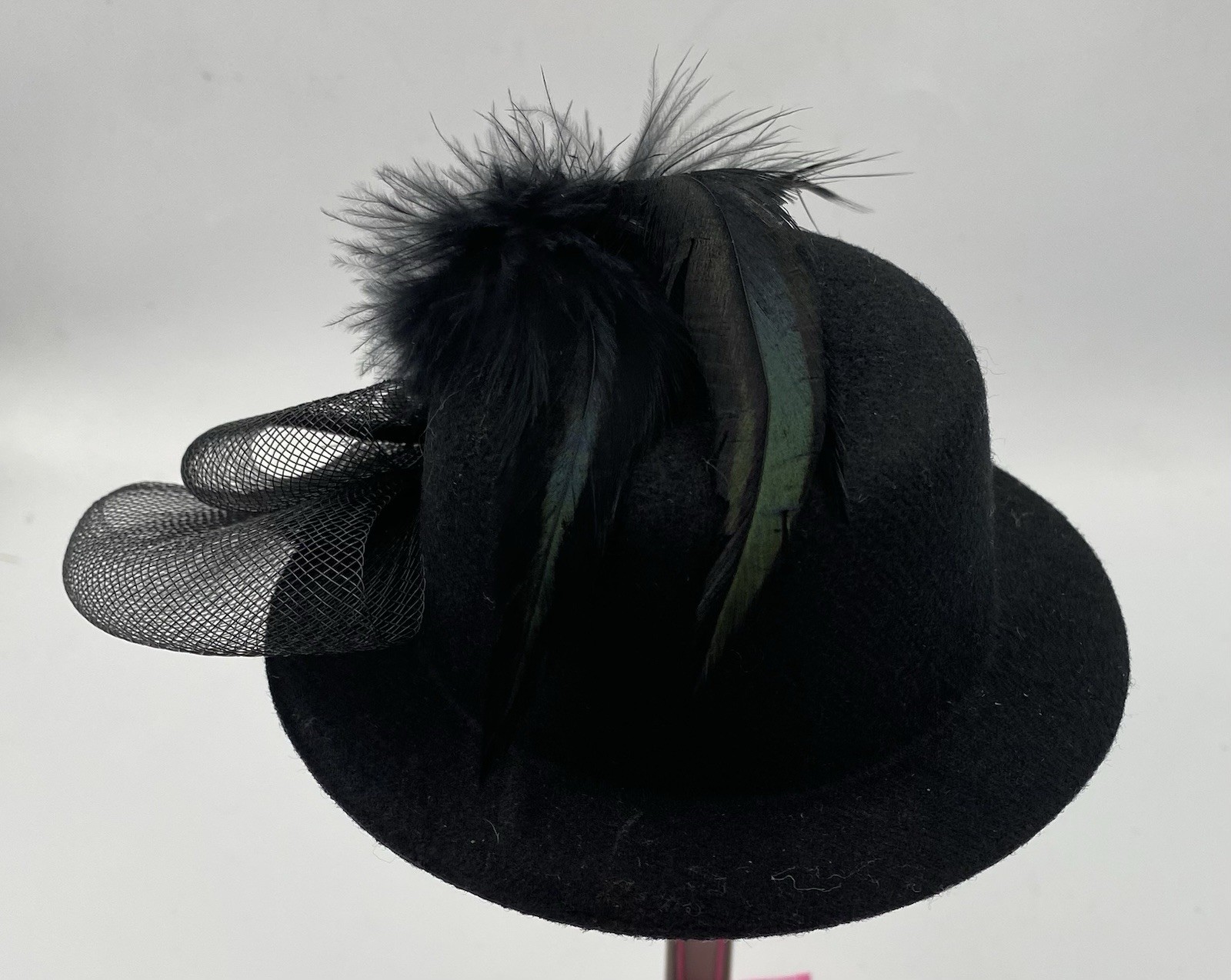 FASCINATOR Black VELVET Hat W/NETTING & FEATHER Party KENTUCKY DURBY